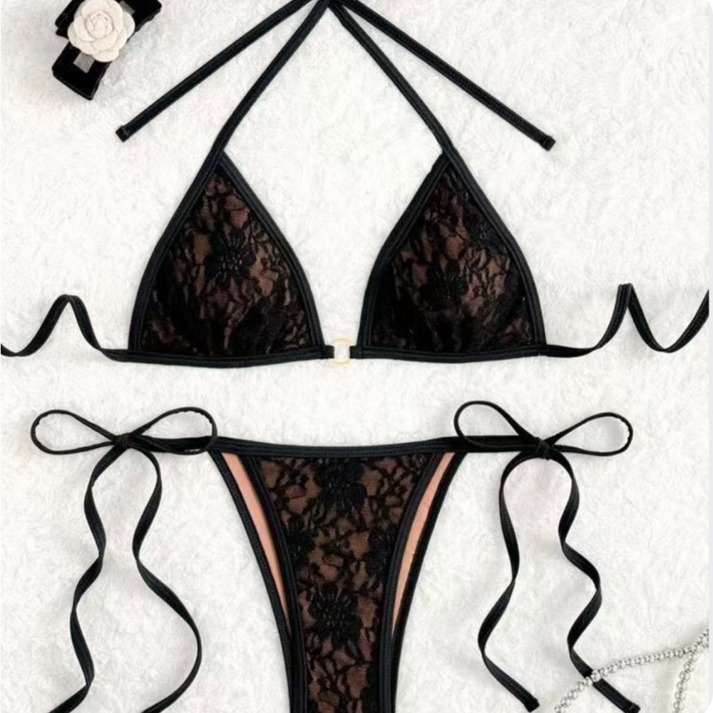 Delicate Sexy Black Lace String Bikini with Floral Mesh S M L NEW